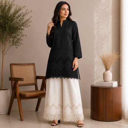 Buy Combo Black & Off White Color Apliq Plazo Chikankari Fabric