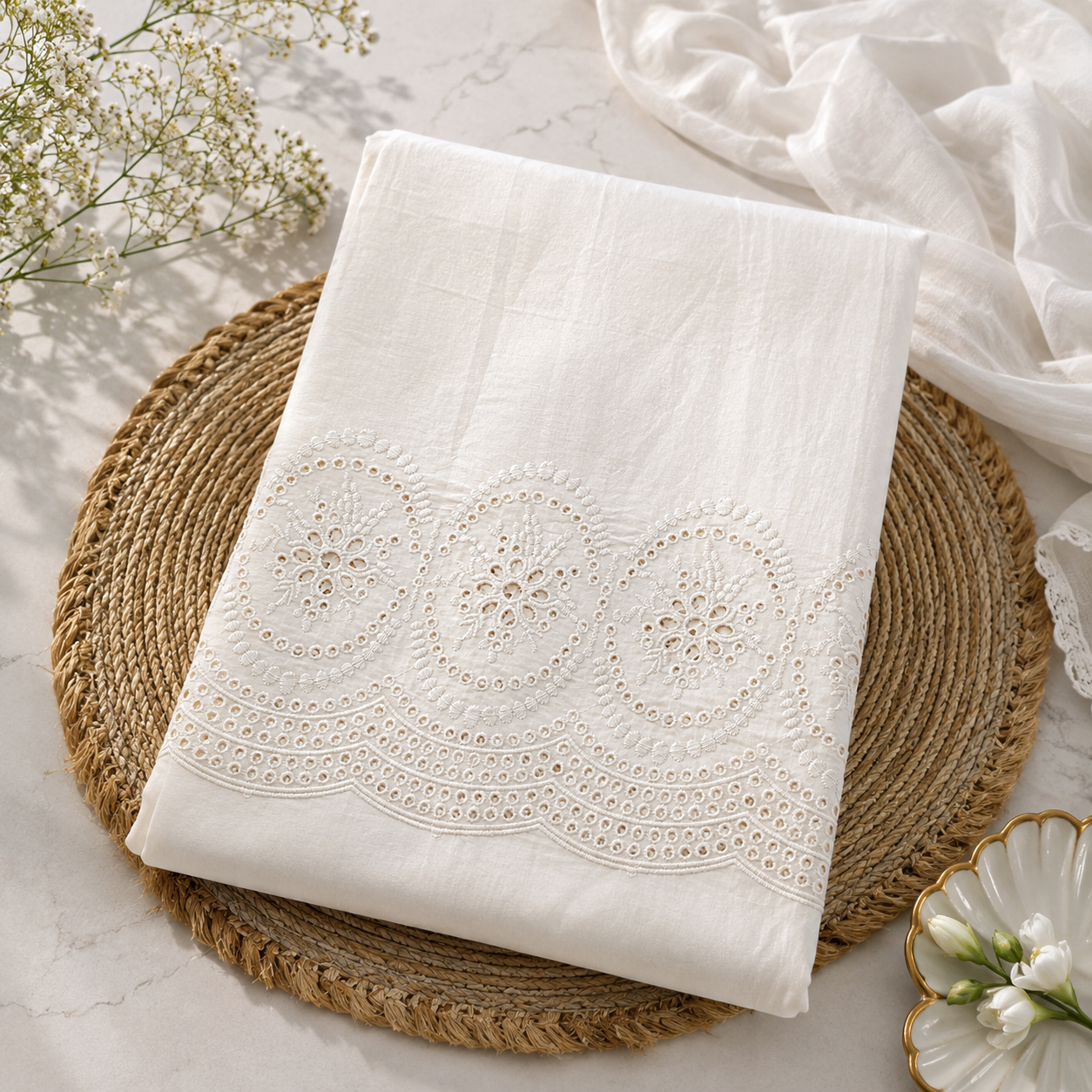 Buy Kora Cotton Dyeable Border Pattern Chikankari Embroidered Fabric 043