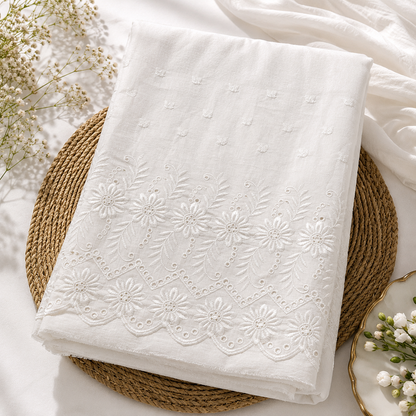Buy Kora Cotton Dyeable Border Pattern Chikankari Embroidered Fabric 044