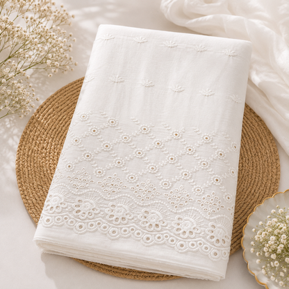 Buy Kora Cotton Dyeable Border Pattern Chikankari Embroidered Fabric 045