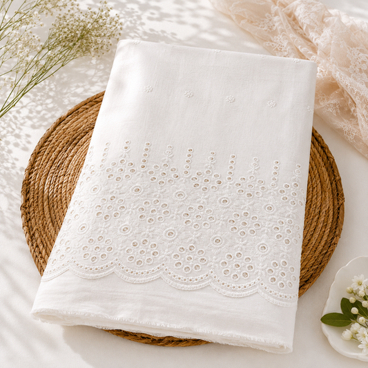 Buy Kora Cotton Dyeable Border Pattern Chikankari Embroidered Fabric 040