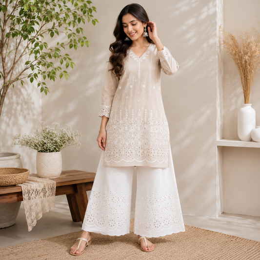 Buy Kora Cotton Dyeable Border Pattern Chikankari Embroidered Fabric 040
