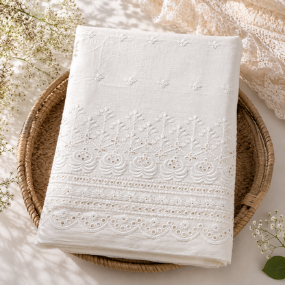 Buy Kora Cotton Dyeable Border Pattern Chikankari Embroidered Fabric 041
