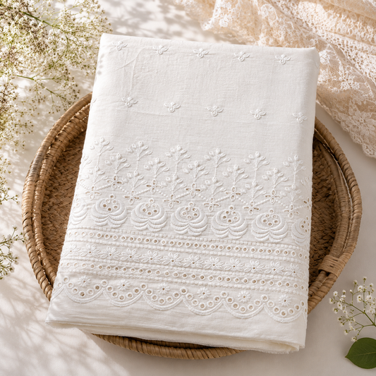 Buy Kora Cotton Dyeable Border Pattern Chikankari Embroidered Fabric 041