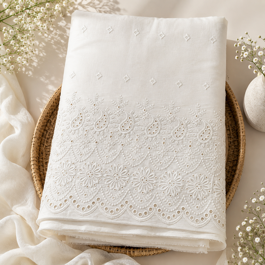 Buy Kora Cotton Dyeable Border Pattern Chikankari Embroidered Fabric 042