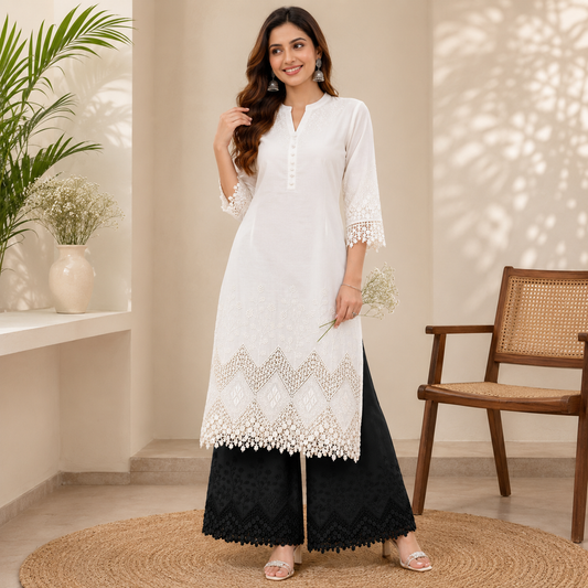 Buy Combo Off White & Black Color Apliq Plazo Chikankari Fabric