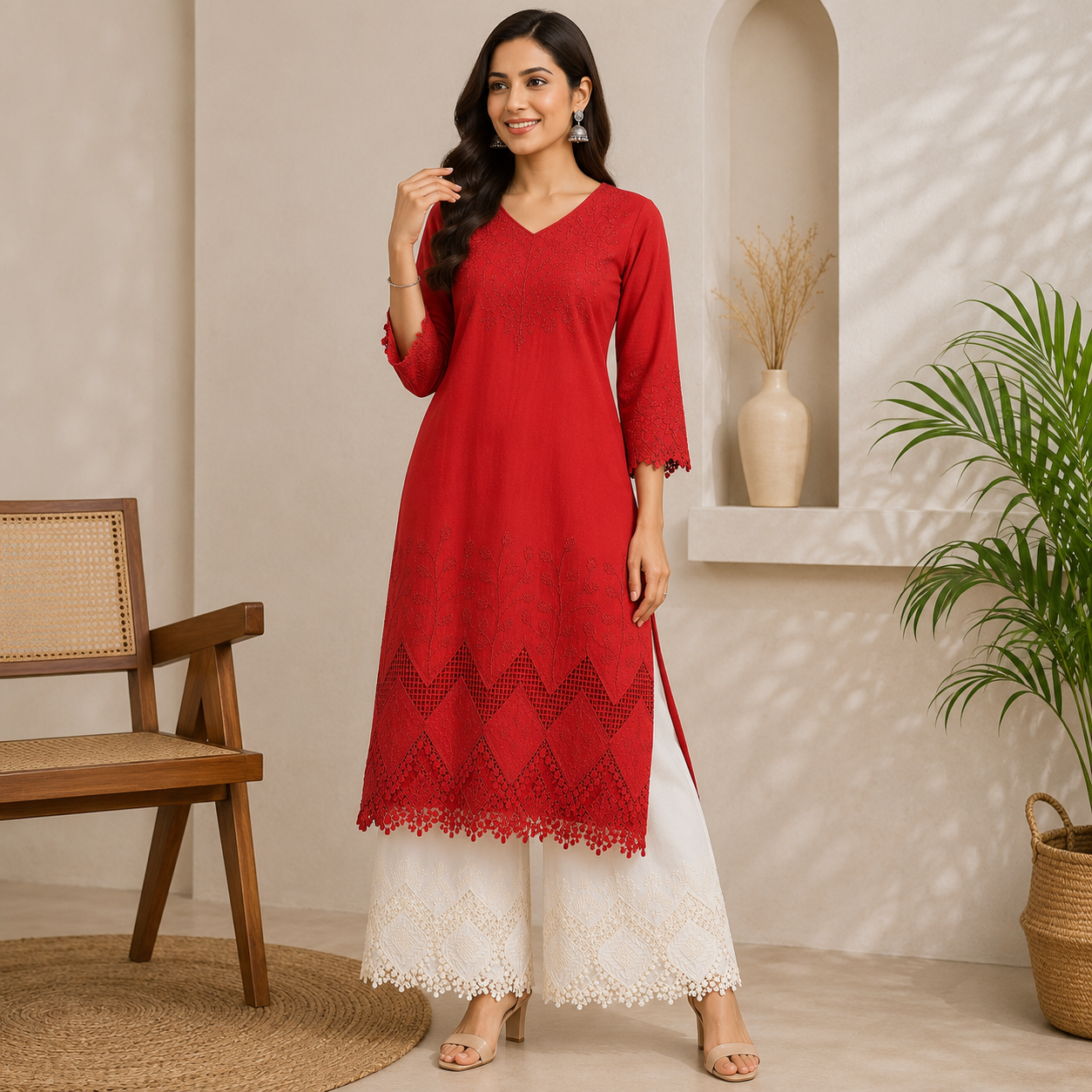 Buy Combo Copper & Off White Color Apliq Plazo Chikankari Fabric