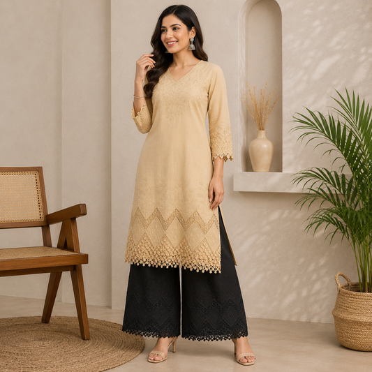 Buy Combo Chiku & Black Color Apliq Plazo Chikankari Fabric