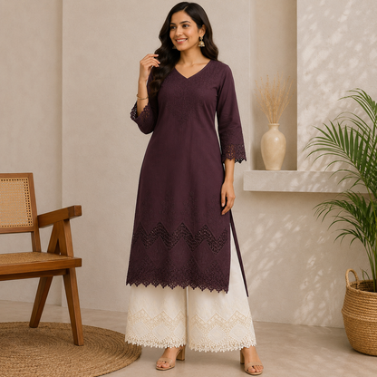 Buy Combo Coffee & Off White Color Apliq Plazo Chikankari Fabric