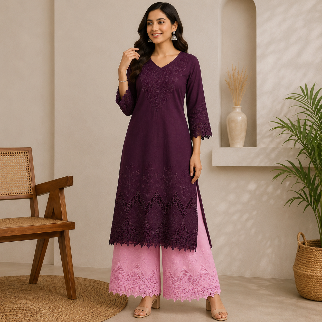 Buy Combo Wine & Pink Color Apliq Plazo Chikankari Fabric