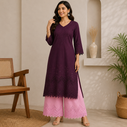 Buy Combo Wine & Pink Color Apliq Plazo Chikankari Fabric