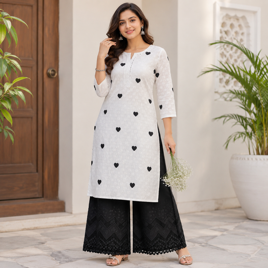 Buy Combo White Chikankari Black Heart Kadai with Apliq Plazo Fabric