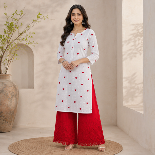 Buy Combo White Chikankari Red Heart Kadai with Apliq Plazo Fabric