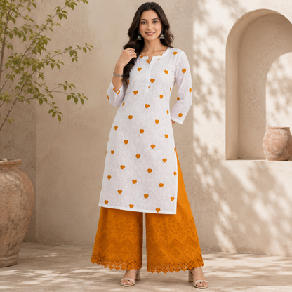 Buy Combo White Chikankari Mustard Heart Kadai with Apliq Plazo Fabric