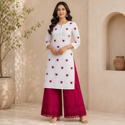 Buy Combo White Chikankari Mehroon Heart Kadai with Apliq Plazo Fabric