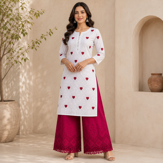 Buy Combo White Chikankari Mehroon Heart Kadai with Apliq Plazo Fabric