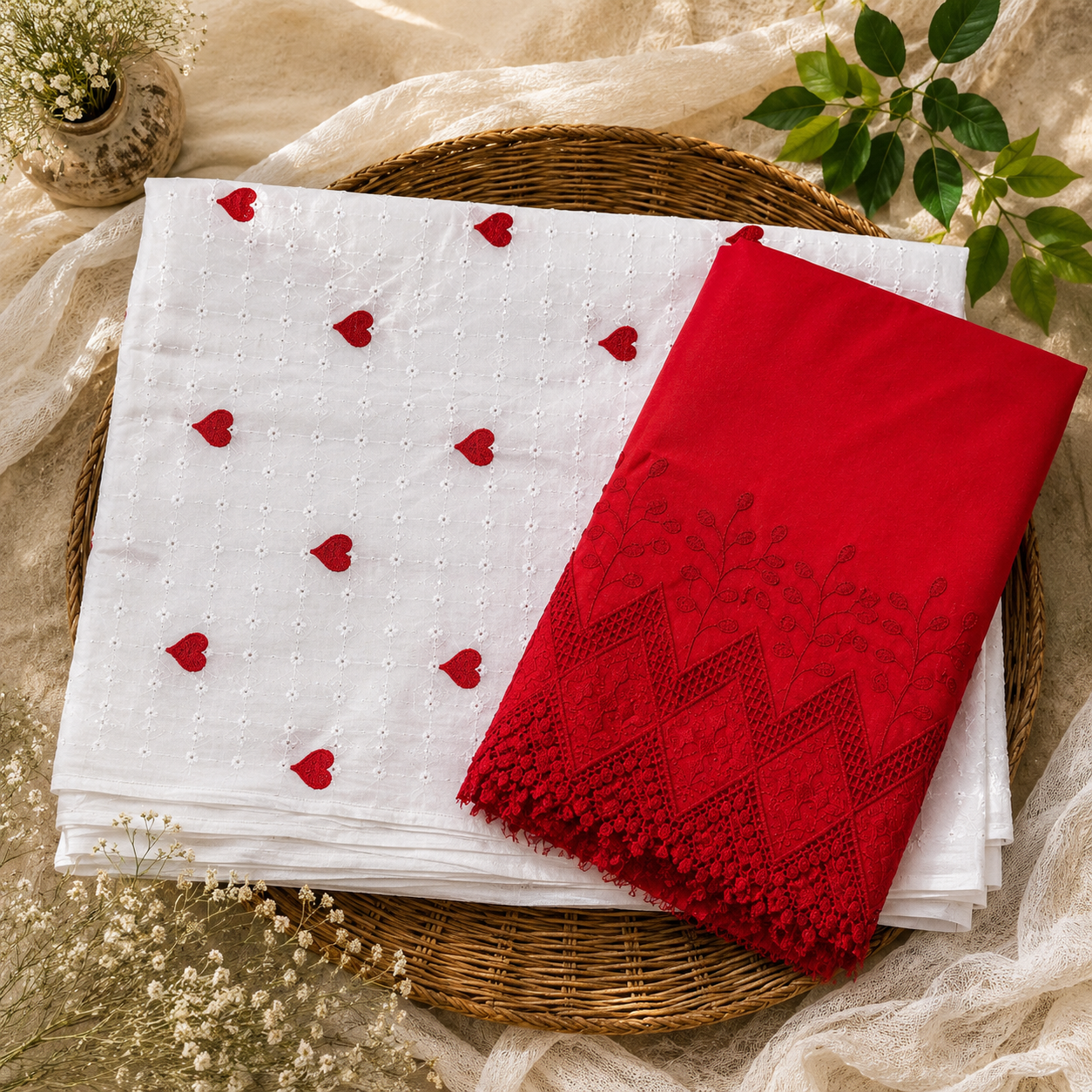 Buy Combo White Chikankari Red Heart Kadai with Apliq Plazo Fabric