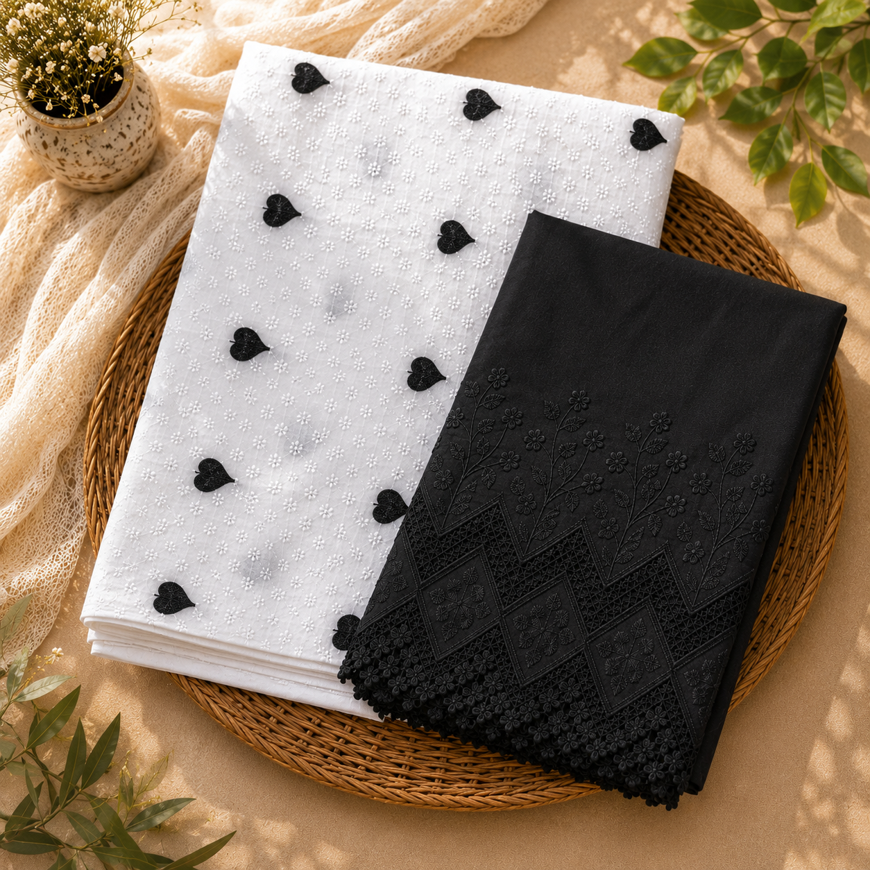Buy Combo White Chikankari Black Heart Kadai with Apliq Plazo Fabric