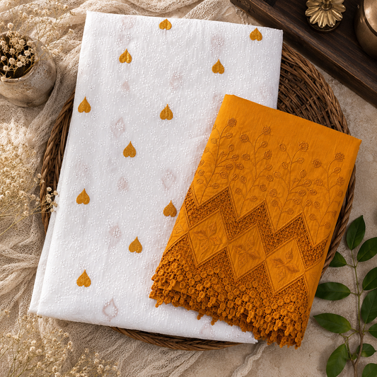 Buy Combo White Chikankari Mustard Heart Kadai with Apliq Plazo Fabric