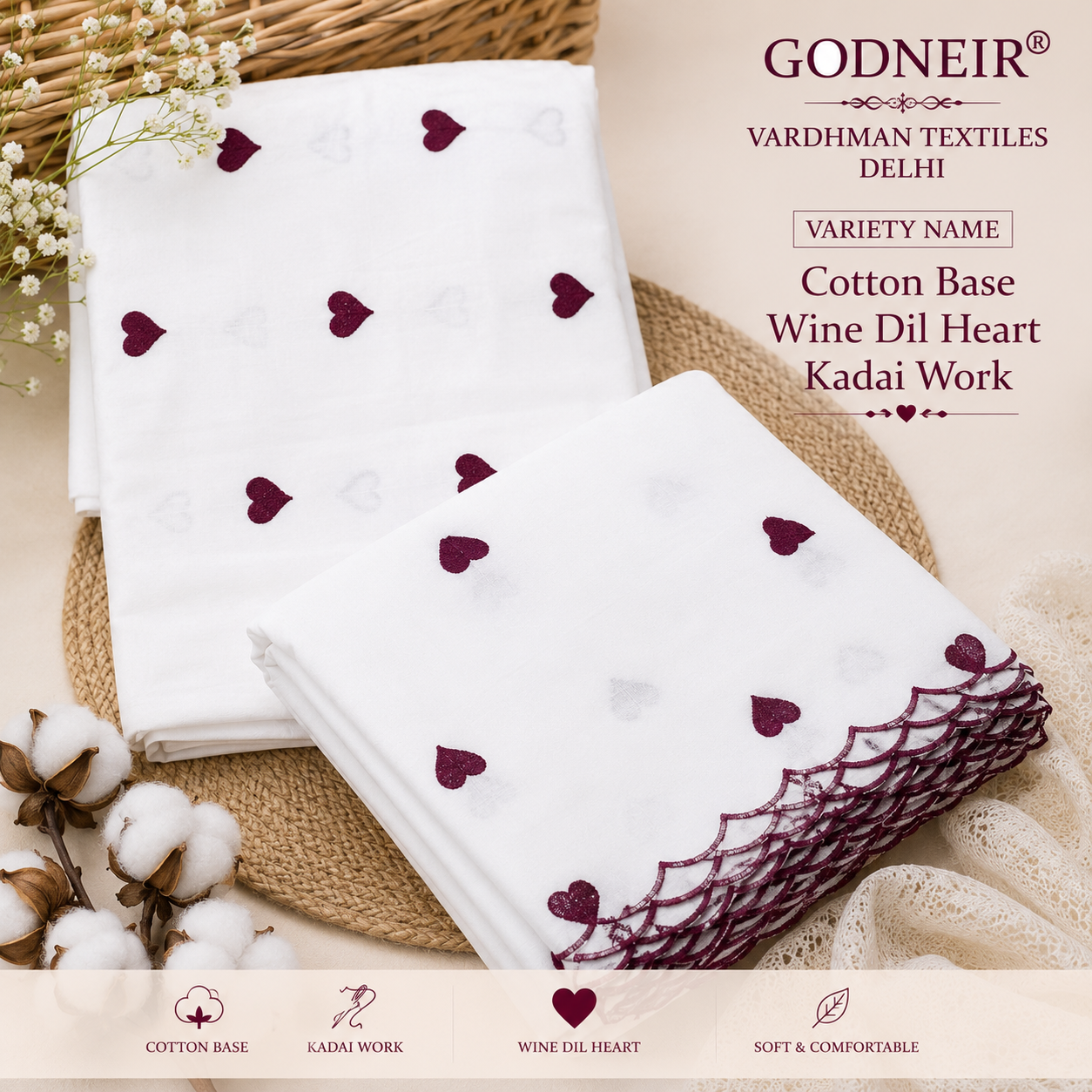 Buy Combo Apliq Top with White Cotton Wine Heart Kadai Bottom & Dupatta Fabric