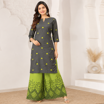 Buy Combo Black Base Mehndi Heart Kadai with Apliq Plazo Fabric