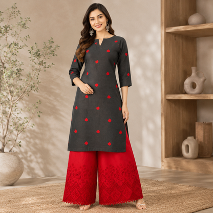 Buy Combo Black Base Red Heart Kadai with Apliq Plazo Fabric