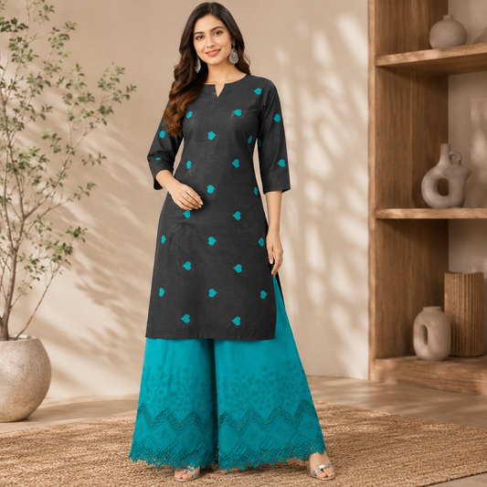 Buy Combo Black Base Rama Green Heart Kadai with Apliq Plazo Fabric