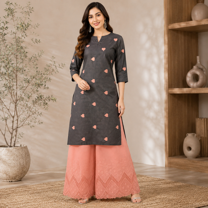 Buy Combo Black Base Peach Heart Kadai with Apliq Plazo Fabric