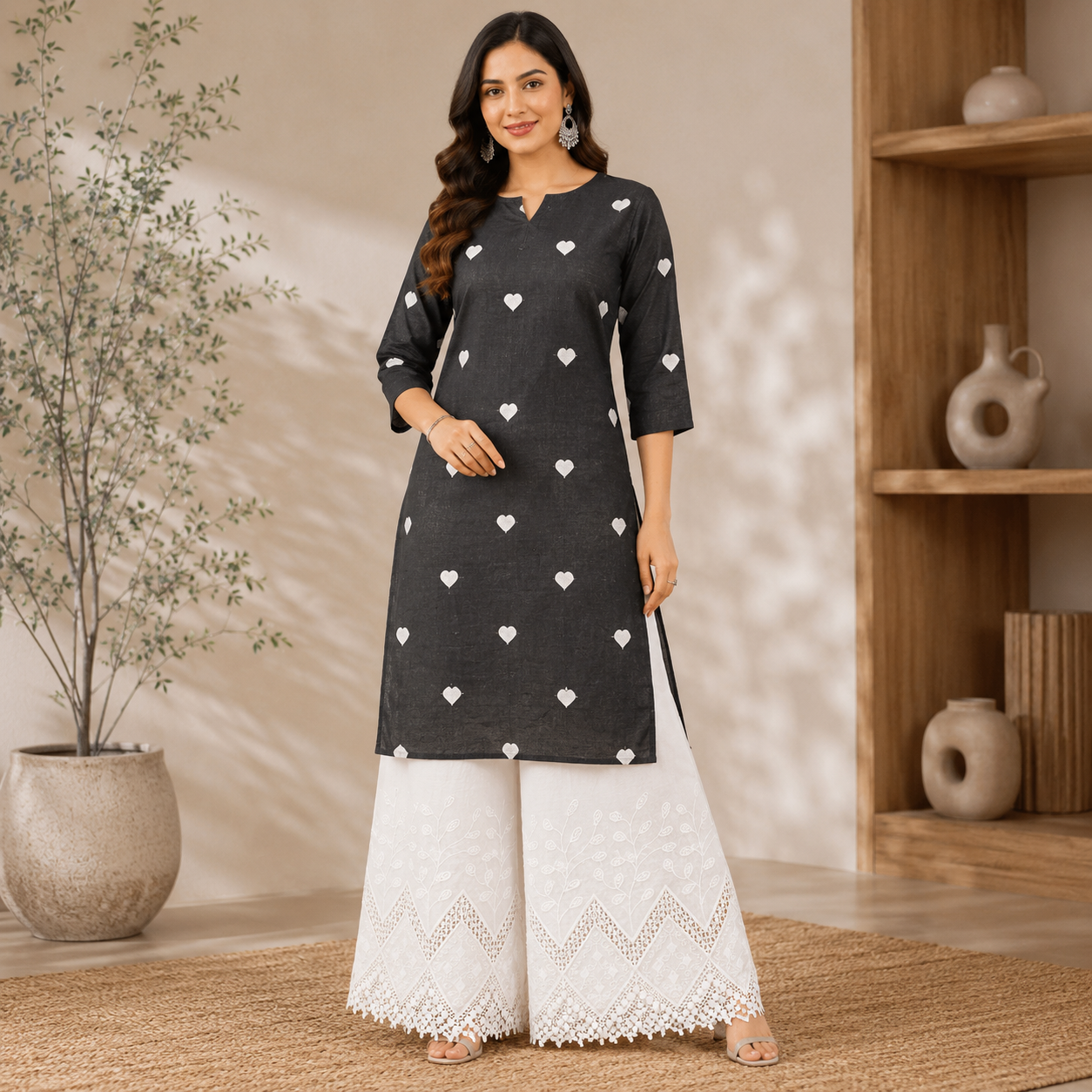 Buy Combo Black Base White Heart Kadai with Apliq Plazo Fabric