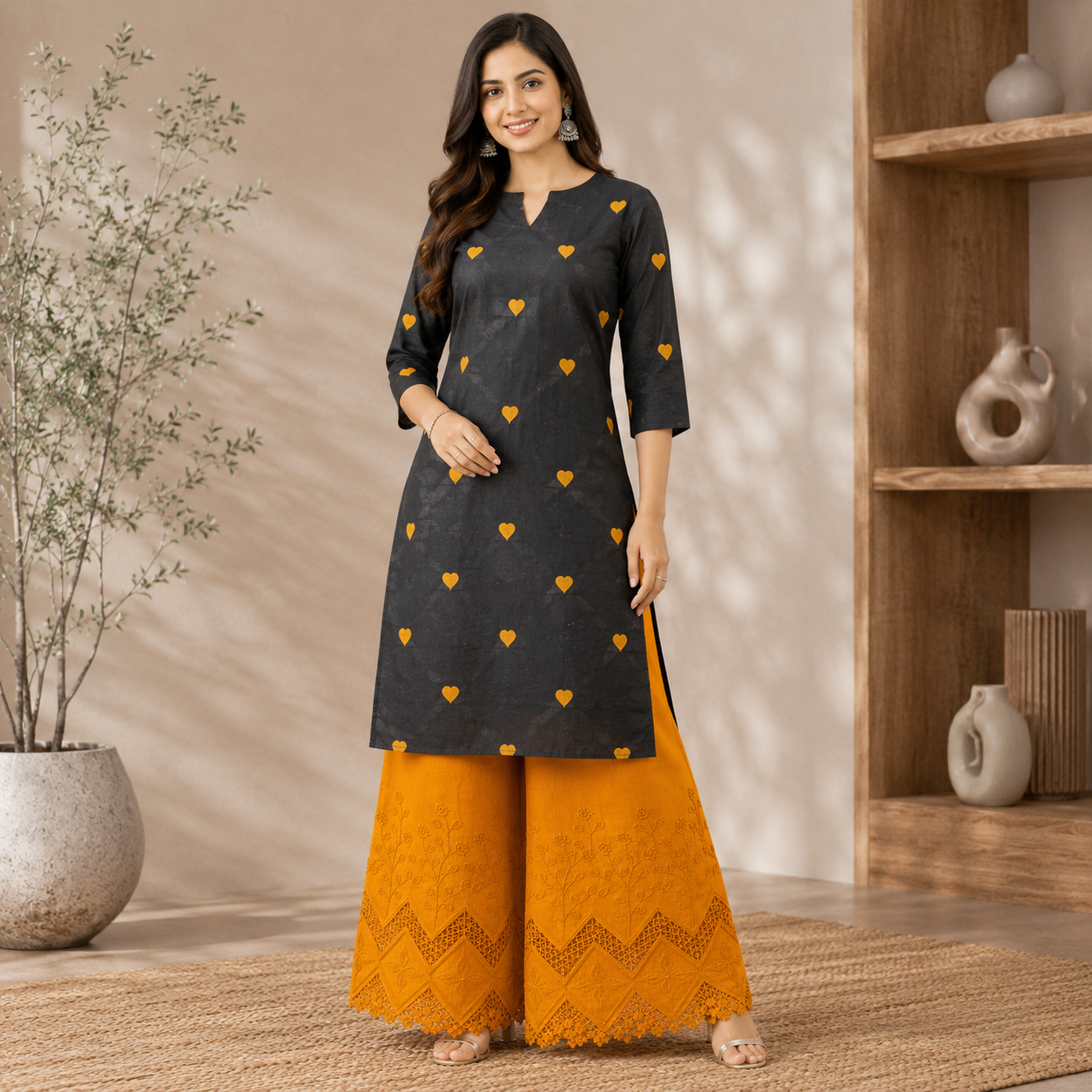 Buy Combo Black Base Mustard Heart Kadai with Apliq Plazo Fabric