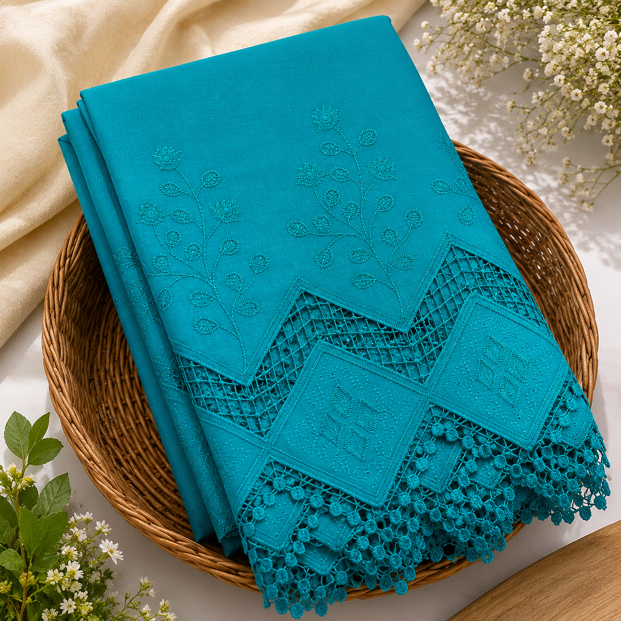 Buy Combo Rama Green Apliq Chikankari with Kora Cotton Dolna Plazo Fabric