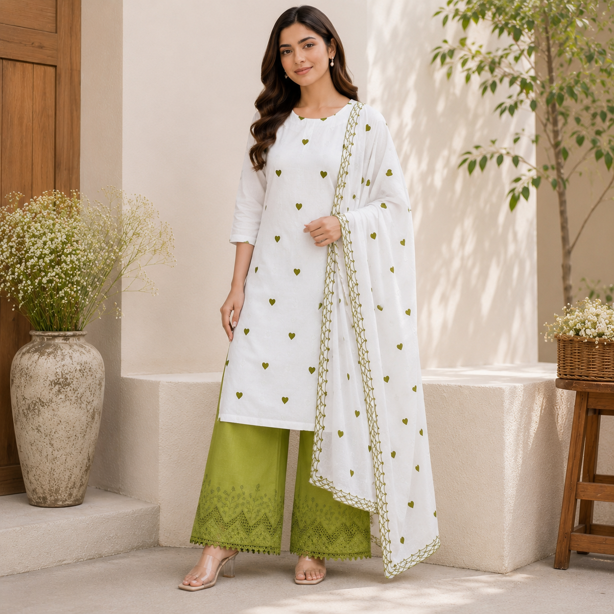 Buy Combo White Cotton Mehndi Heart Kadai Top & Dupatta with Apliq Plazo Fabric