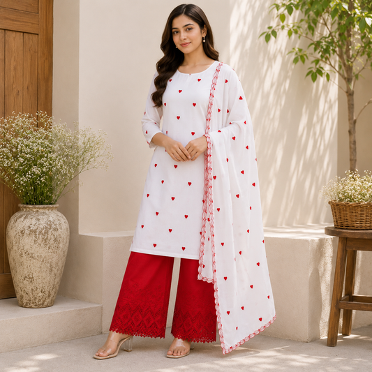 Buy Combo White Cotton Red Heart Kadai Top & Dupatta with Apliq Plazo Fabric