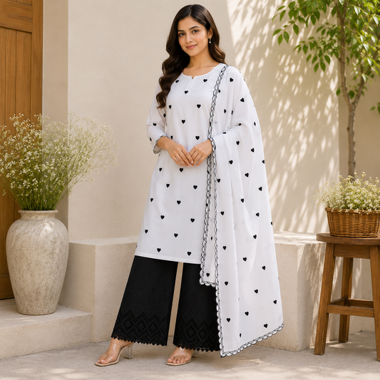 Buy Combo White Cotton Black Heart Kadai Top & Dupatta with Apliq Plazo Fabric