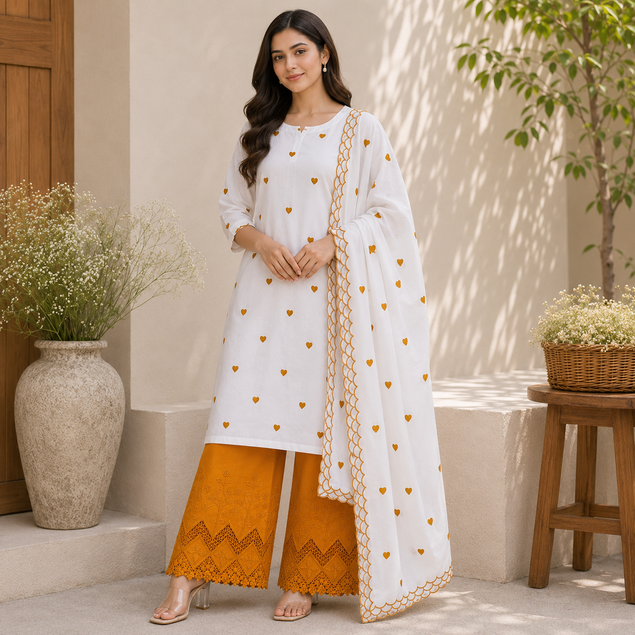 Buy Combo White Cotton Mustard Heart Kadai Top & Dupatta with Apliq Plazo Fabric