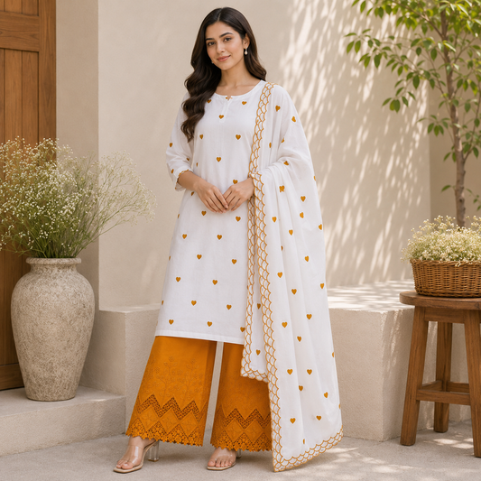 Buy Combo White Cotton Mustard Heart Kadai Top & Dupatta with Apliq Plazo Fabric