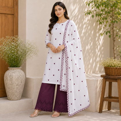 Buy Combo White Cotton Wine Heart Kadai Top & Dupatta with Apliq Plazo Fabric