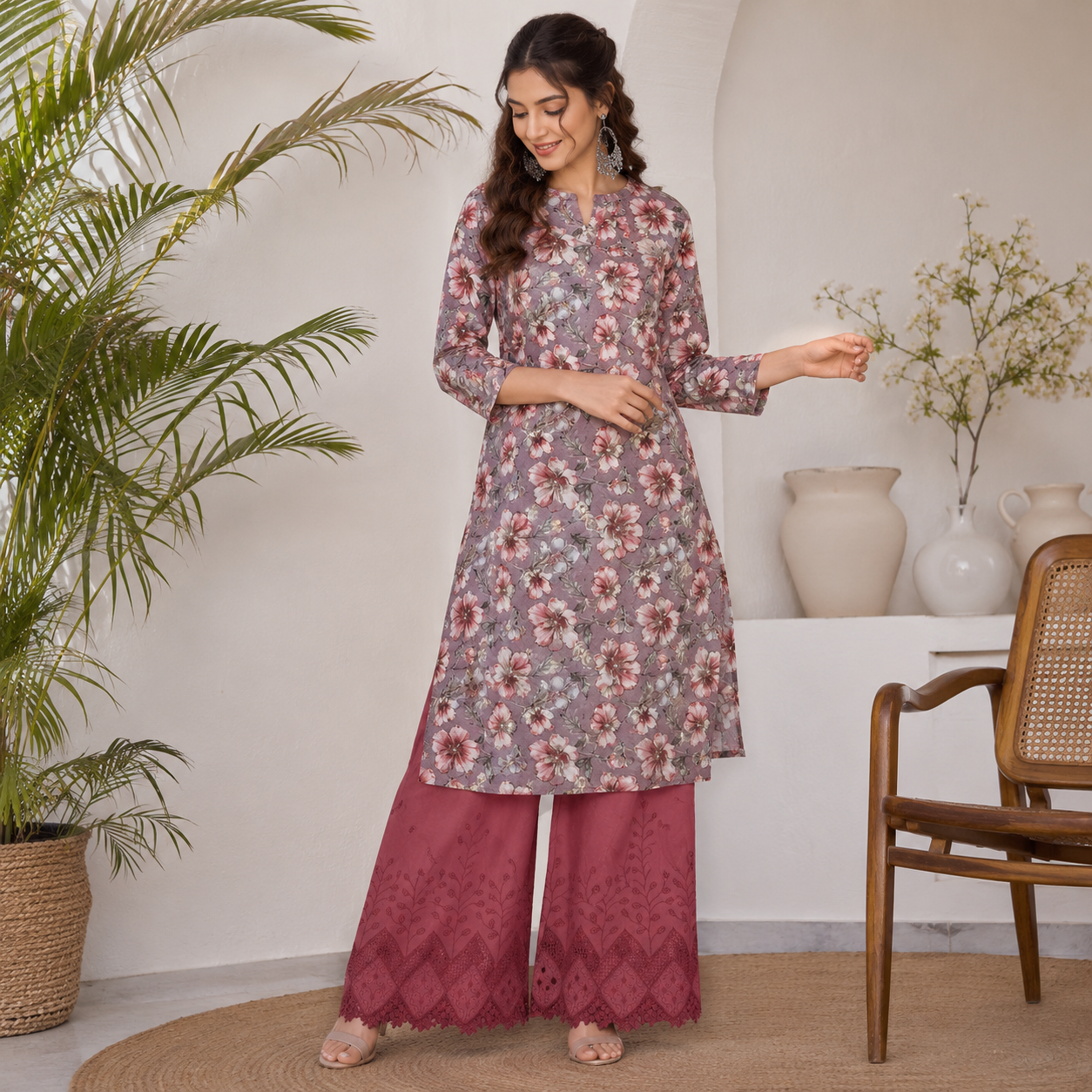 Buy Combo Floral Rayon Print Diamond with Apliq Plazo Fabric 041