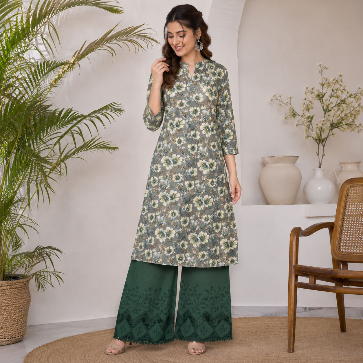 Buy Combo Floral Rayon Print Diamond with Apliq Plazo Fabric 042