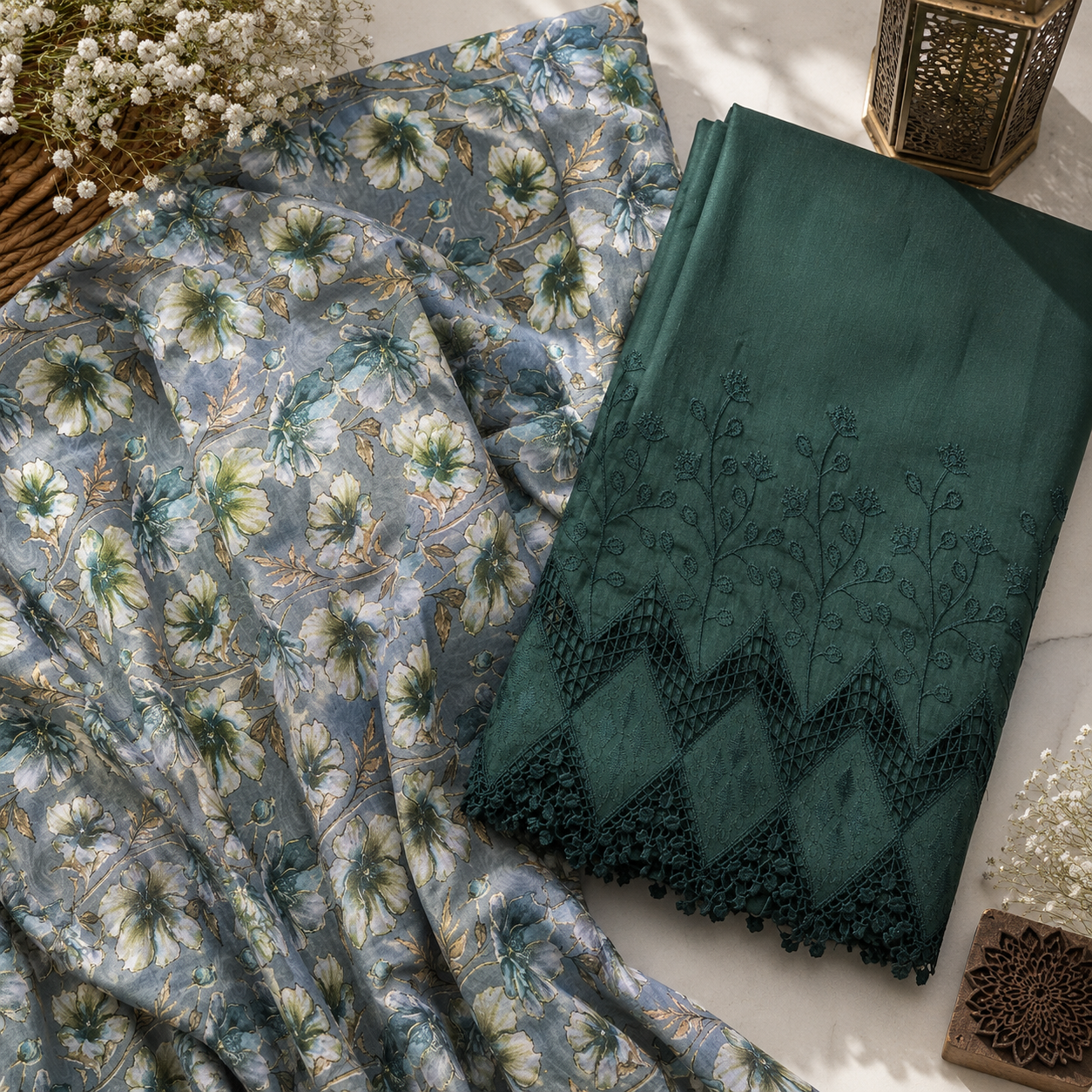 Buy Combo Floral Rayon Print Diamond with Apliq Plazo Fabric 042