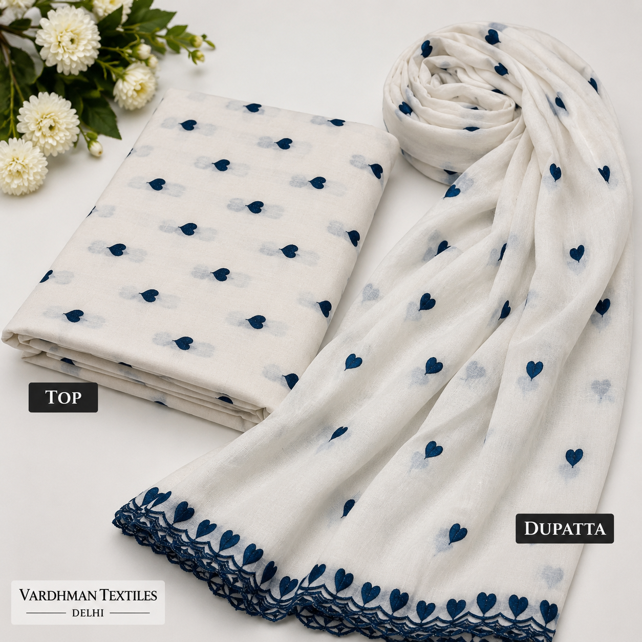 Buy Combo Diesel Heart Kadai Kora Cotton Top & Dupatta with Apliq Plazo Fabric