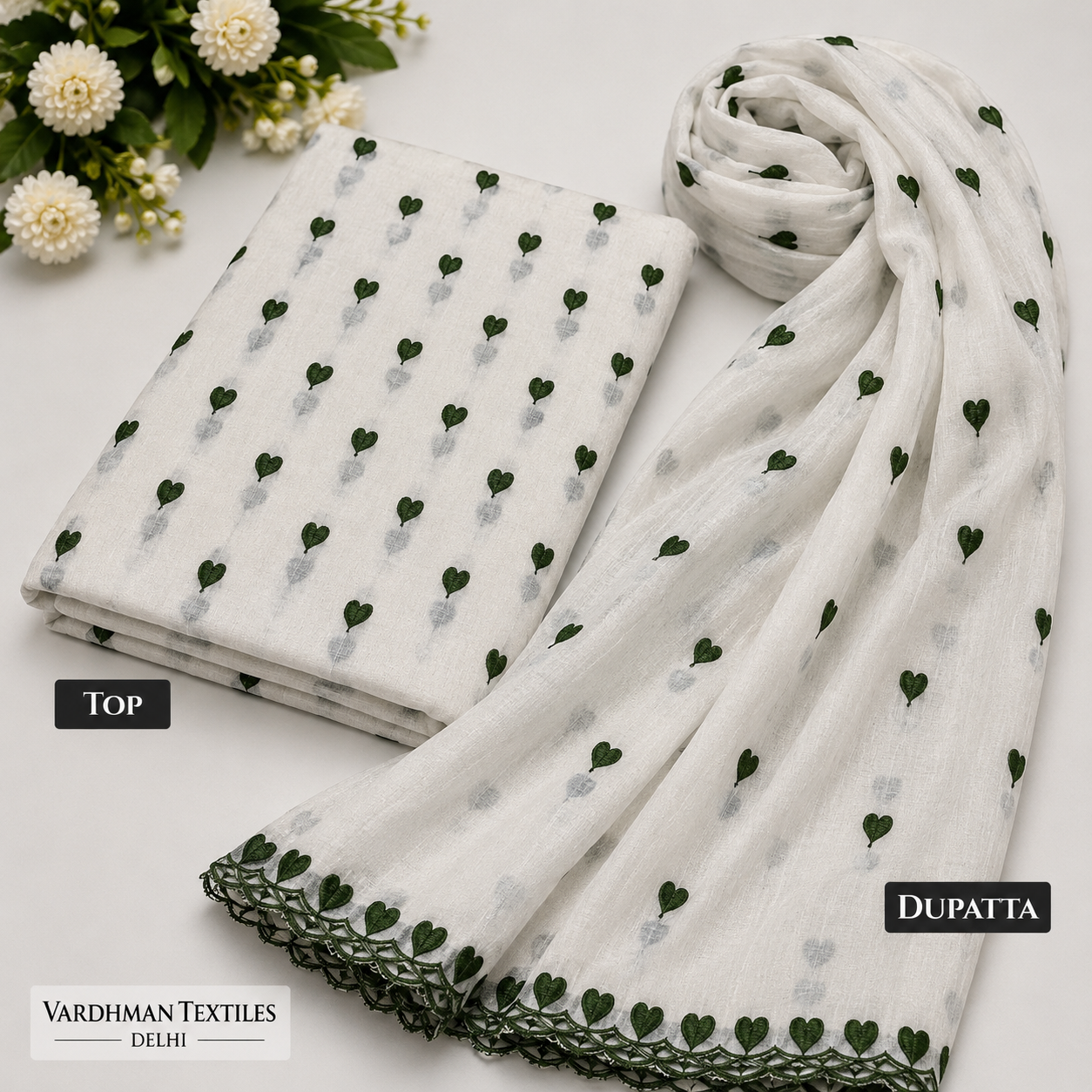 Buy Combo Mehndi Green Heart Kadai Kora Cotton Top & Dupatta with Apliq Plazo Fabric