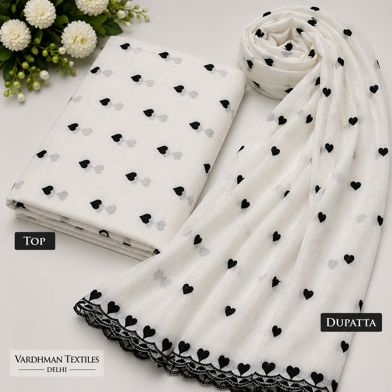 Buy Combo Black Heart Kadai Kora Cotton Top & Dupatta with Apliq Plazo Fabric