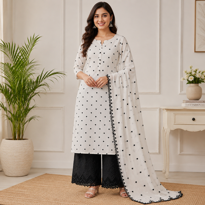 Buy Combo Black Heart Kadai Kora Cotton Top & Dupatta with Apliq Plazo Fabric