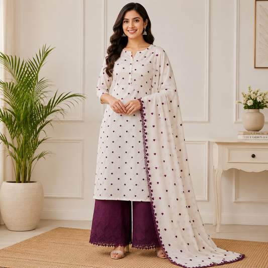 Buy Combo Wine Heart Kadai Kora Cotton Top & Dupatta with Apliq Plazo Fabric