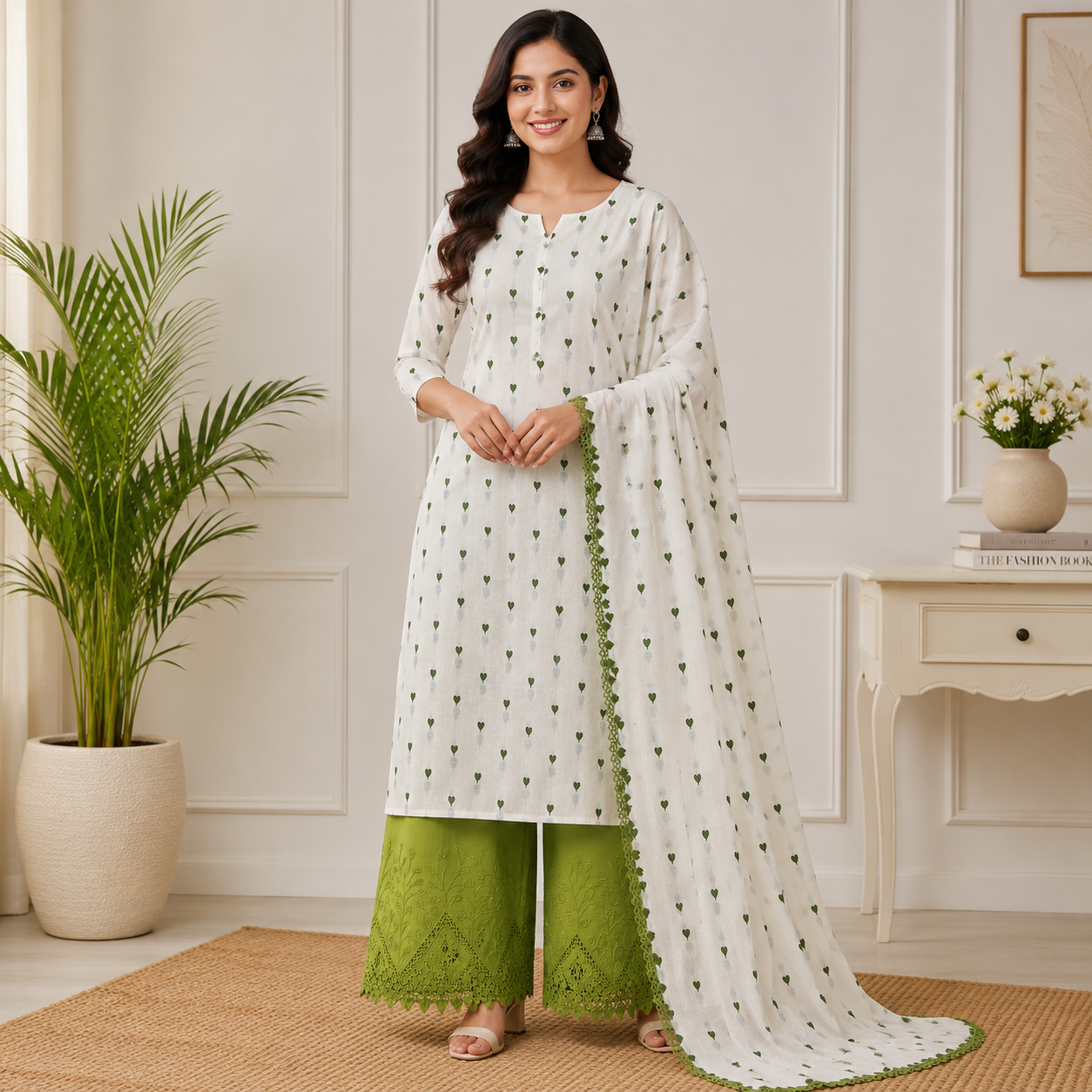 Buy Combo Mehndi Green Heart Kadai Kora Cotton Top & Dupatta with Apliq Plazo Fabric