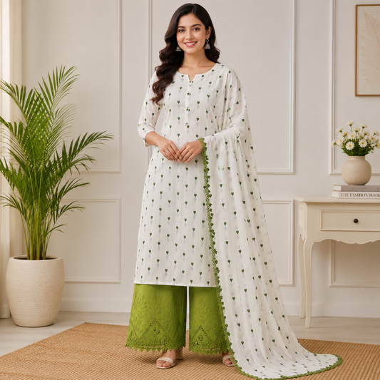 Buy Combo Mehndi Green Heart Kadai Kora Cotton Top & Dupatta with Apliq Plazo Fabric