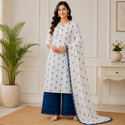 Buy Combo Diesel Heart Kadai Kora Cotton Top & Dupatta with Apliq Plazo Fabric