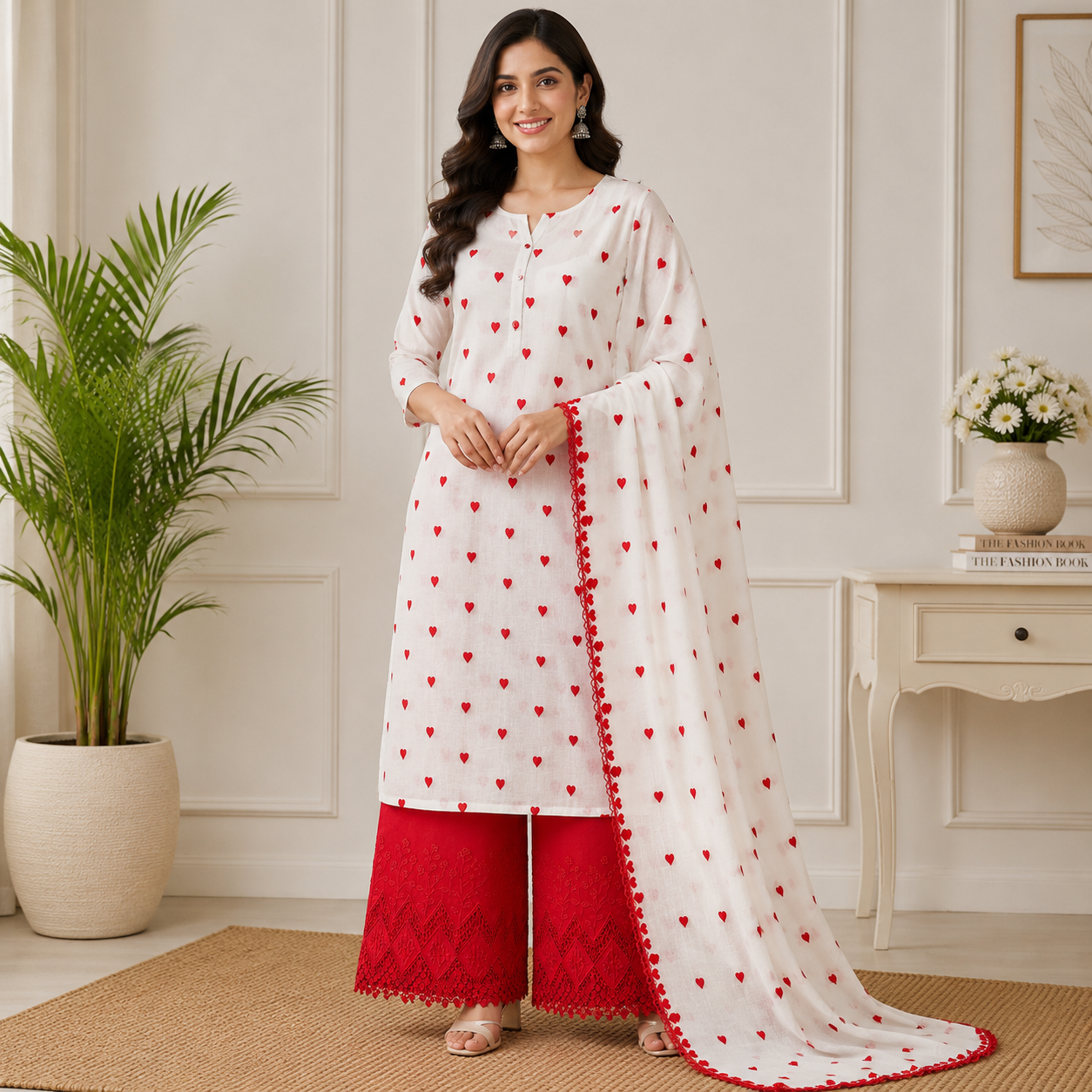 Buy Combo Red Heart Kadai Kora Cotton Top & Dupatta with Apliq Plazo Fabric