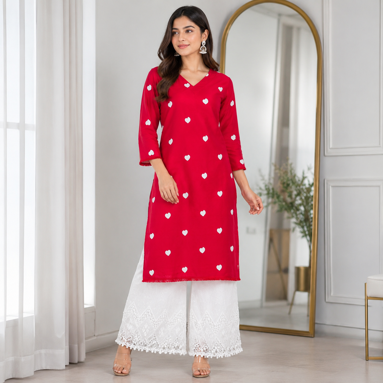 Buy Rayon Combo Red Base White Heart Kadai with Apliq Plazo Fabric